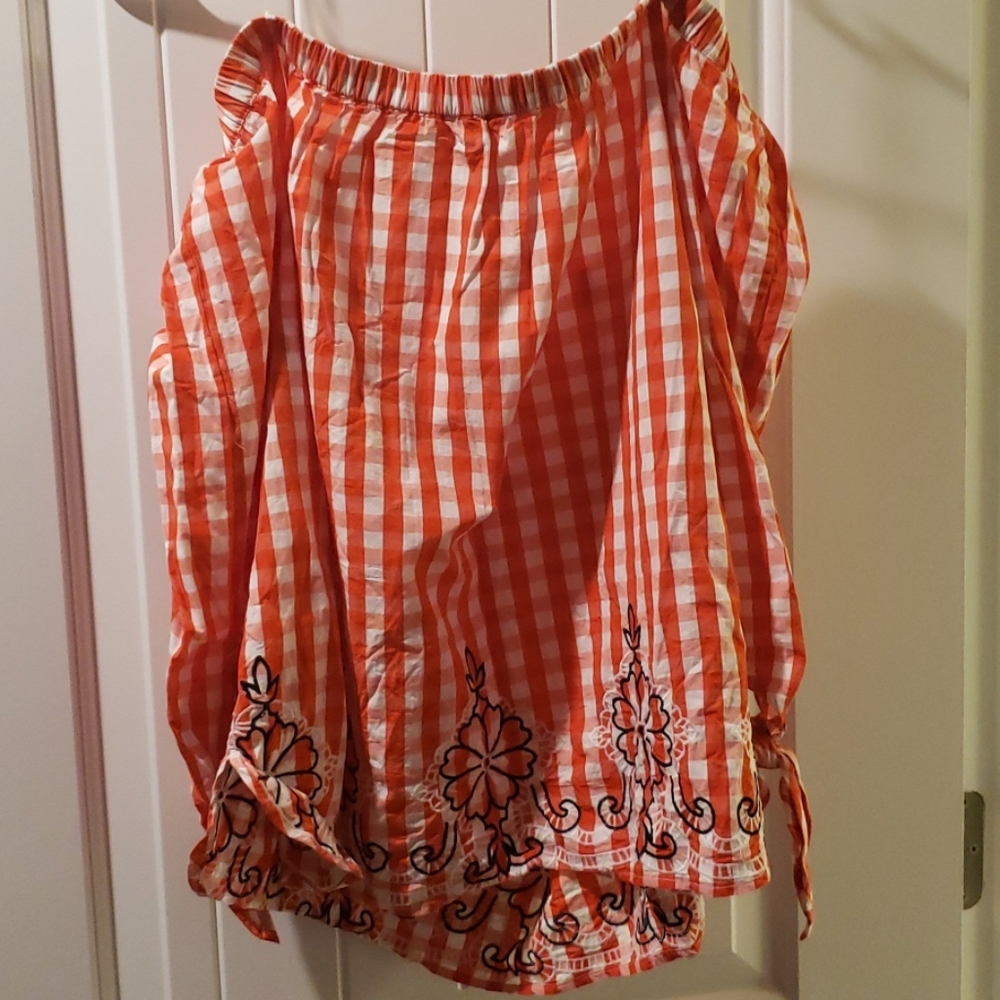 Off the shoulder red/white buffalo plaid blouse